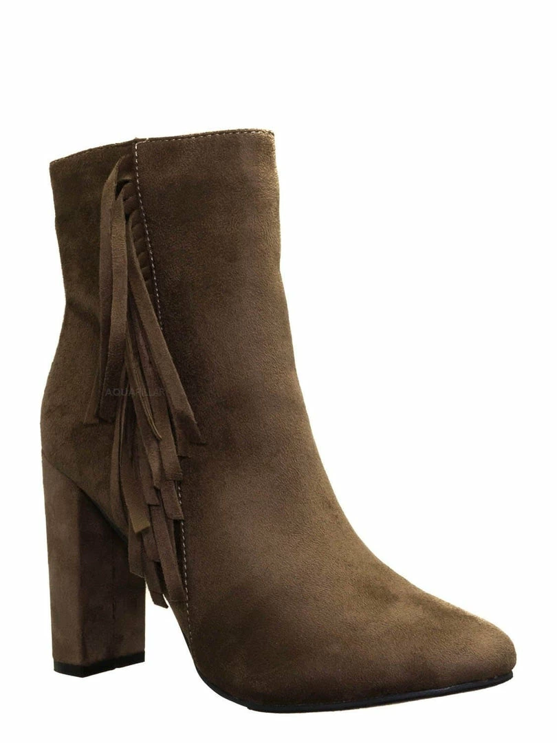 Breckelle's Lisa12 20s Retro Fringe Ankle Bootie - Flappy Tassel Block High Heel Dress Boots