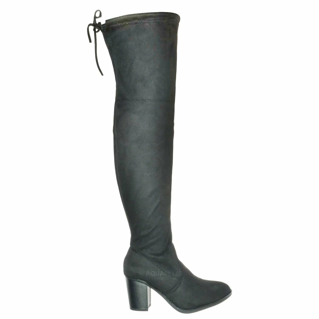 Forever Link New Life30 Thigh High Block Heel Boots - Women Rear Tie Shoe