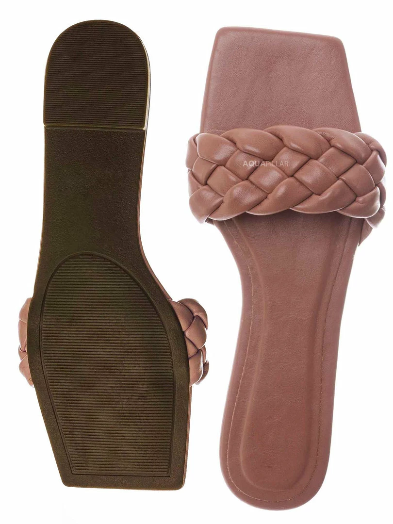 Bamboo Block19 Woven Braided Band Slipper - Womens Open Squared Toe Slip On Flat Sandal