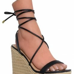 Delicious Walnuts Leg Wrap Espadrille Platform Wedge, Women Lace Up Sandal New