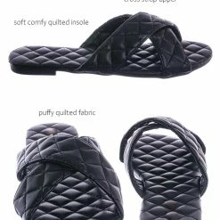 La Shailah New Baily2 Puffy Quilted Flat Slipper Sandal - Cross Strap Open Toe Slide In Shoes
