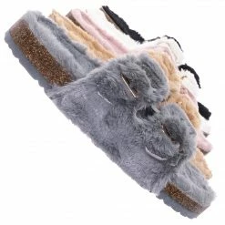 Bamboo New Defeat63 Faux Fur Molded Footbed Slipper - Furry Slide In Cork Slide Sandal
