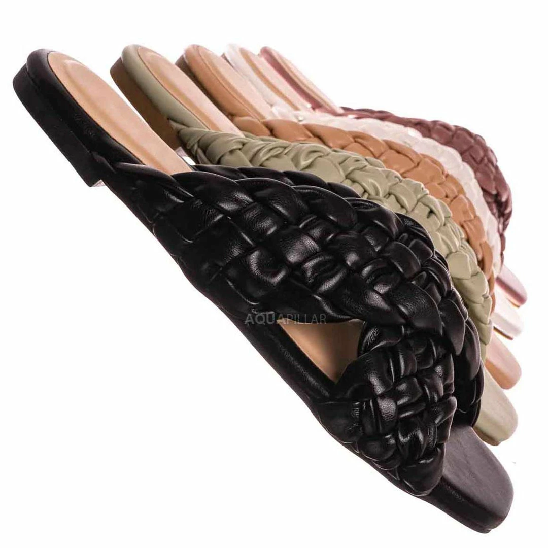 Bamboo Kick61 Thick Braided Woven Slides - Womens Open Squared Toe Slip On Mule Slipper New