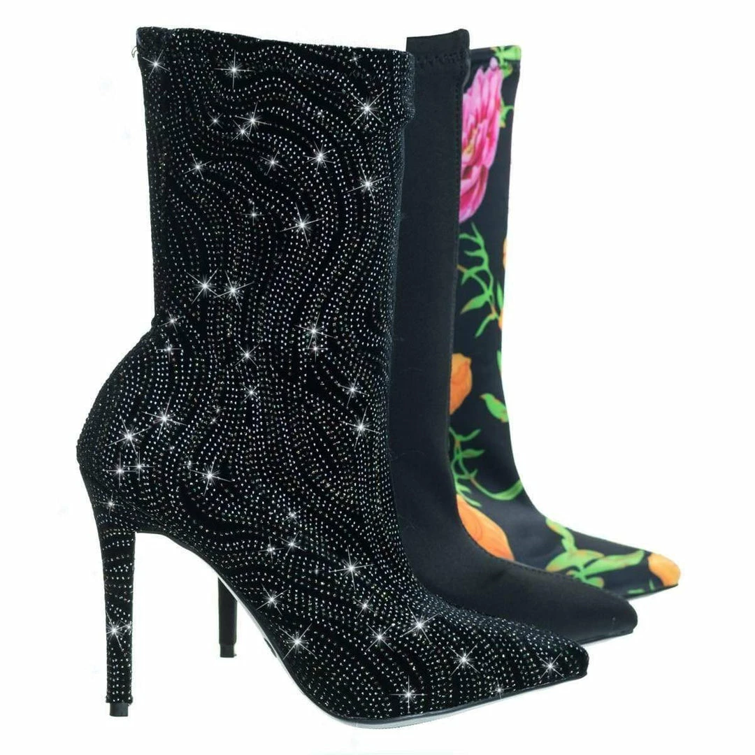 Anne Michelle New Dedicate48 Pointed Toe Dress Pump W Elastic Ankle Bootie In Floral & Glitter