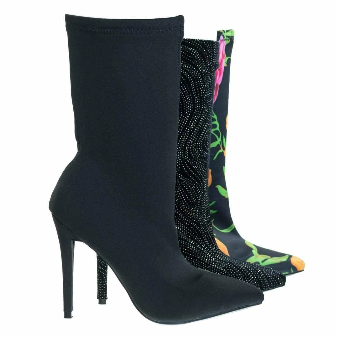 Anne Michelle New Dedicate48 Pointed Toe Dress Pump W Elastic Ankle Bootie In Floral & Glitter