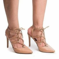 New Riseup27M By Anne Michelle, Pointy Toe Studded Caged Lace Up Stiletto Heel Pumps