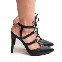 New Riseup27M By Anne Michelle, Pointy Toe Studded Caged Lace Up Stiletto Heel Pumps