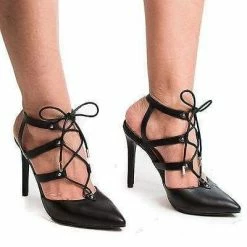 New Riseup27M By Anne Michelle, Pointy Toe Studded Caged Lace Up Stiletto Heel Pumps
