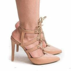 New Riseup27M By Anne Michelle, Pointy Toe Studded Caged Lace Up Stiletto Heel Pumps