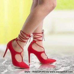 Riseup31V By Anne Michelle, Pointy Toe Corset Lace Up Leg Wrap Stiletto Heel Pumps