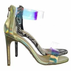 Anne Michelle Timeless18 Lucite Clear Strap High Heel Dress Sandal W Snake & Metallic