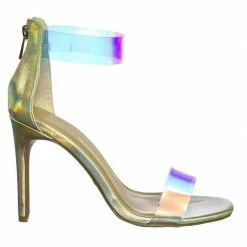 Anne Michelle Timeless18 Lucite Clear Strap High Heel Dress Sandal W Snake & Metallic