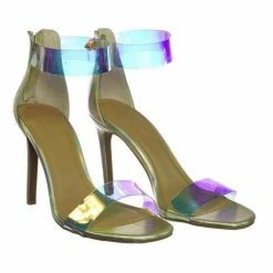 Anne Michelle Timeless18 Lucite Clear Strap High Heel Dress Sandal W Snake & Metallic