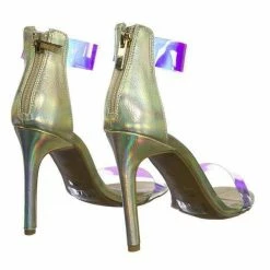 Anne Michelle Timeless18 Lucite Clear Strap High Heel Dress Sandal W Snake & Metallic