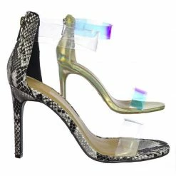 Anne Michelle Timeless18 Lucite Clear Strap High Heel Dress Sandal W Snake & Metallic