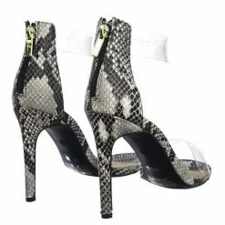 Anne Michelle Timeless18 Lucite Clear Strap High Heel Dress Sandal W Snake & Metallic