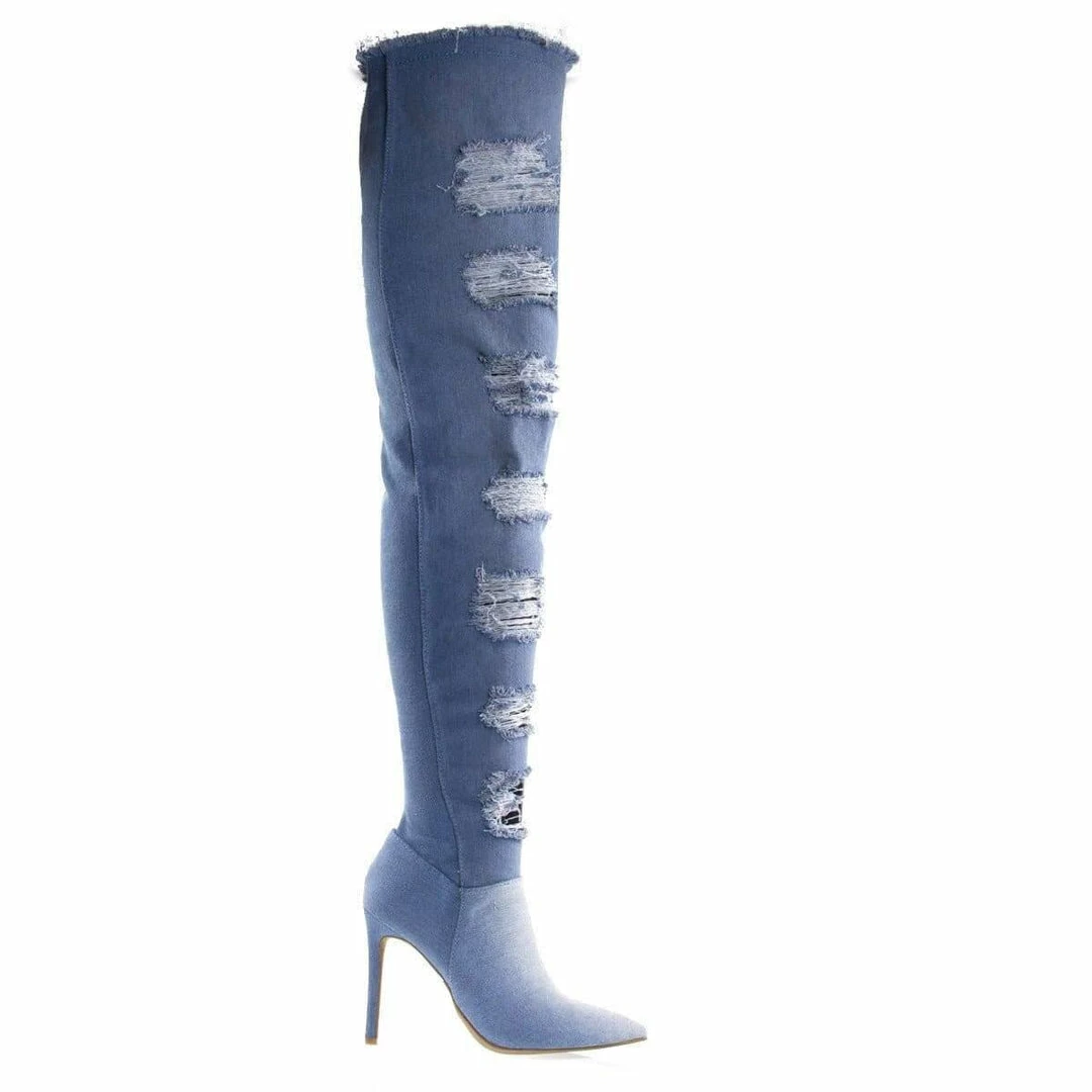 Anne Michelle New Worship39S Torn / Destroyed Jean Boot, OTK Over Knee Heel Boot, Fray Trim