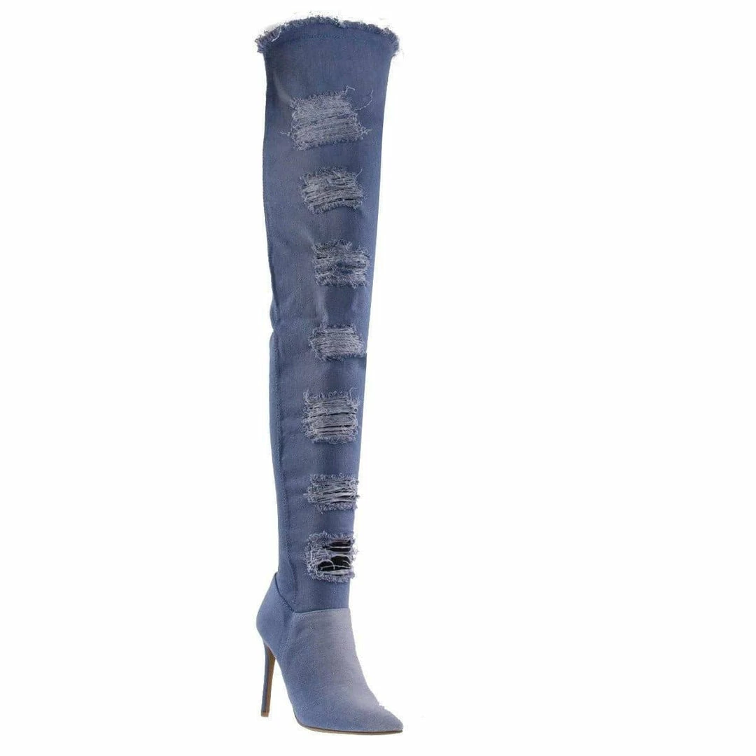 Anne Michelle New Worship39S Torn / Destroyed Jean Boot, OTK Over Knee Heel Boot, Fray Trim