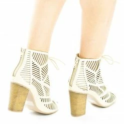 Jamie31 By Aquapillar, Peep Toe Lace Up Cut Out Stacked Heel Sandals New