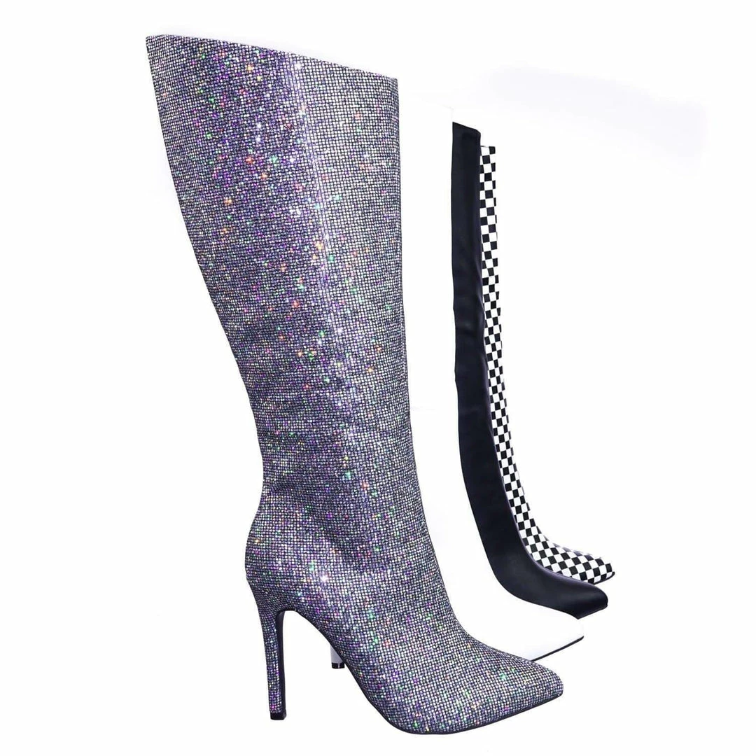 Aquapillar Pledge27 Pointed Toe Knee High Heel Dress Sandal W Checker Solid & Glitter New