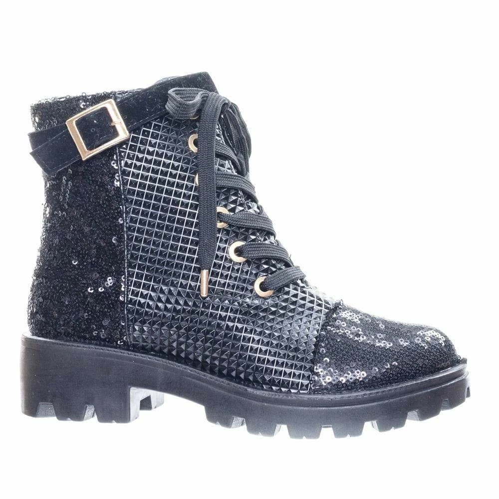 Aquapillar Tread12 Lace Up Combat Boots W Sequins & Faux Fur Lining In GoldLace Or Velvet