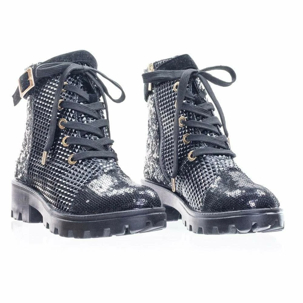 Aquapillar Tread12 Lace Up Combat Boots W Sequins & Faux Fur Lining In GoldLace Or Velvet
