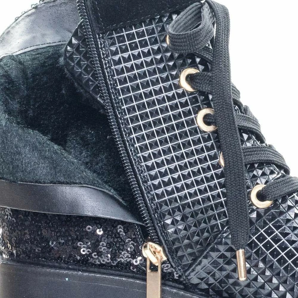 Aquapillar Tread12 Lace Up Combat Boots W Sequins & Faux Fur Lining In GoldLace Or Velvet