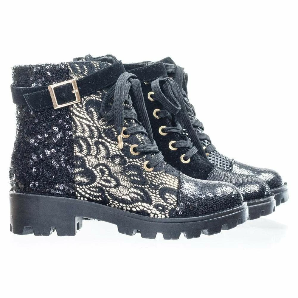 Aquapillar Tread12 Lace Up Combat Boots W Sequins & Faux Fur Lining In GoldLace Or Velvet