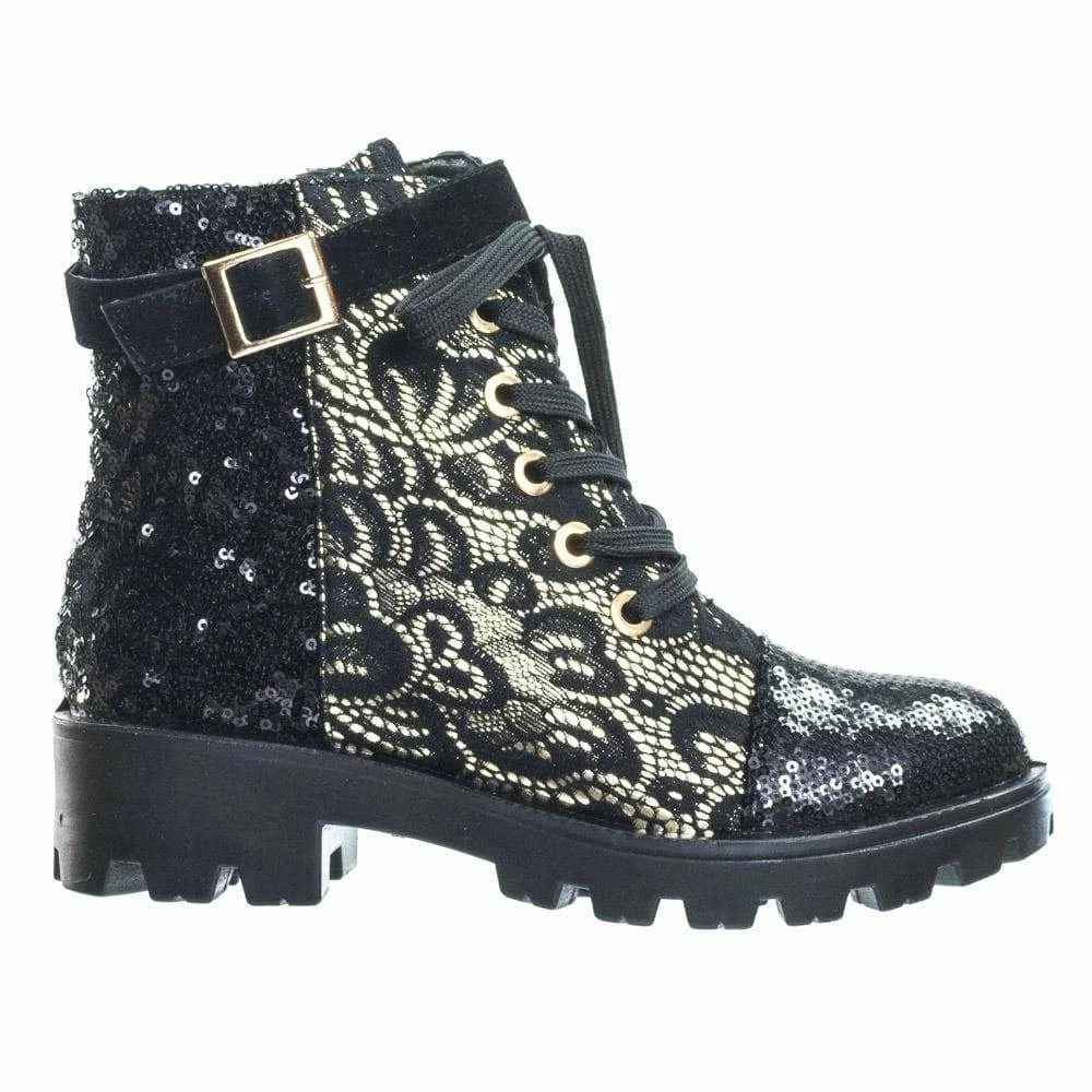 Aquapillar Tread12 Lace Up Combat Boots W Sequins & Faux Fur Lining In GoldLace Or Velvet