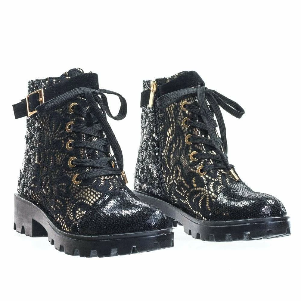 Aquapillar Tread12 Lace Up Combat Boots W Sequins & Faux Fur Lining In GoldLace Or Velvet
