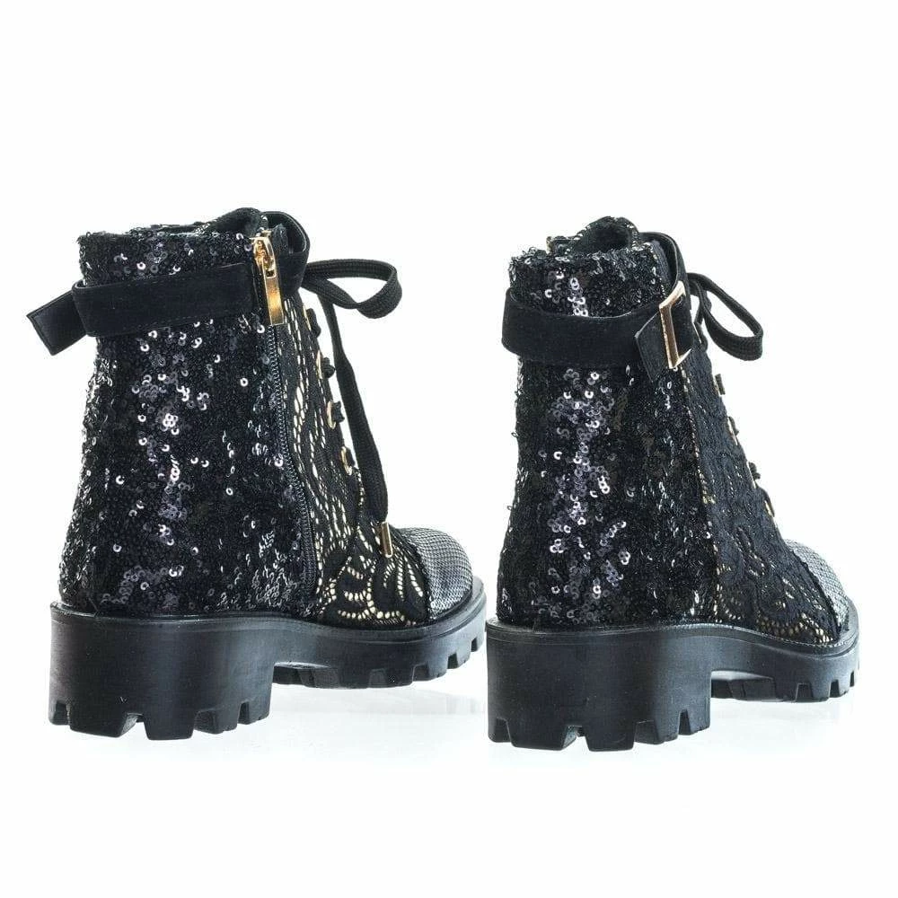 Aquapillar Tread12 Lace Up Combat Boots W Sequins & Faux Fur Lining In GoldLace Or Velvet