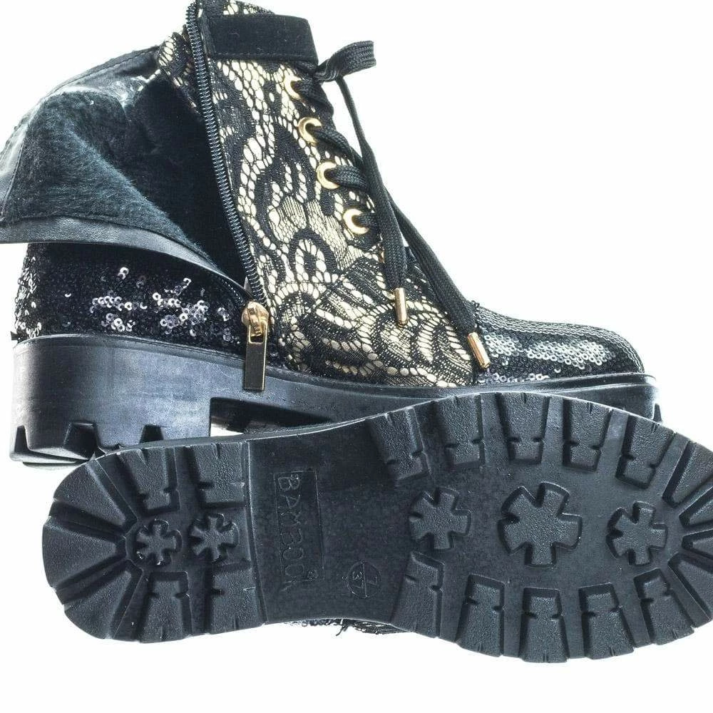 Aquapillar Tread12 Lace Up Combat Boots W Sequins & Faux Fur Lining In GoldLace Or Velvet