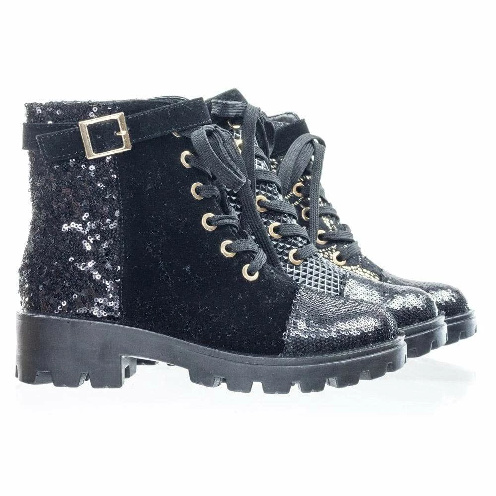 Aquapillar Tread12 Lace Up Combat Boots W Sequins & Faux Fur Lining In GoldLace Or Velvet