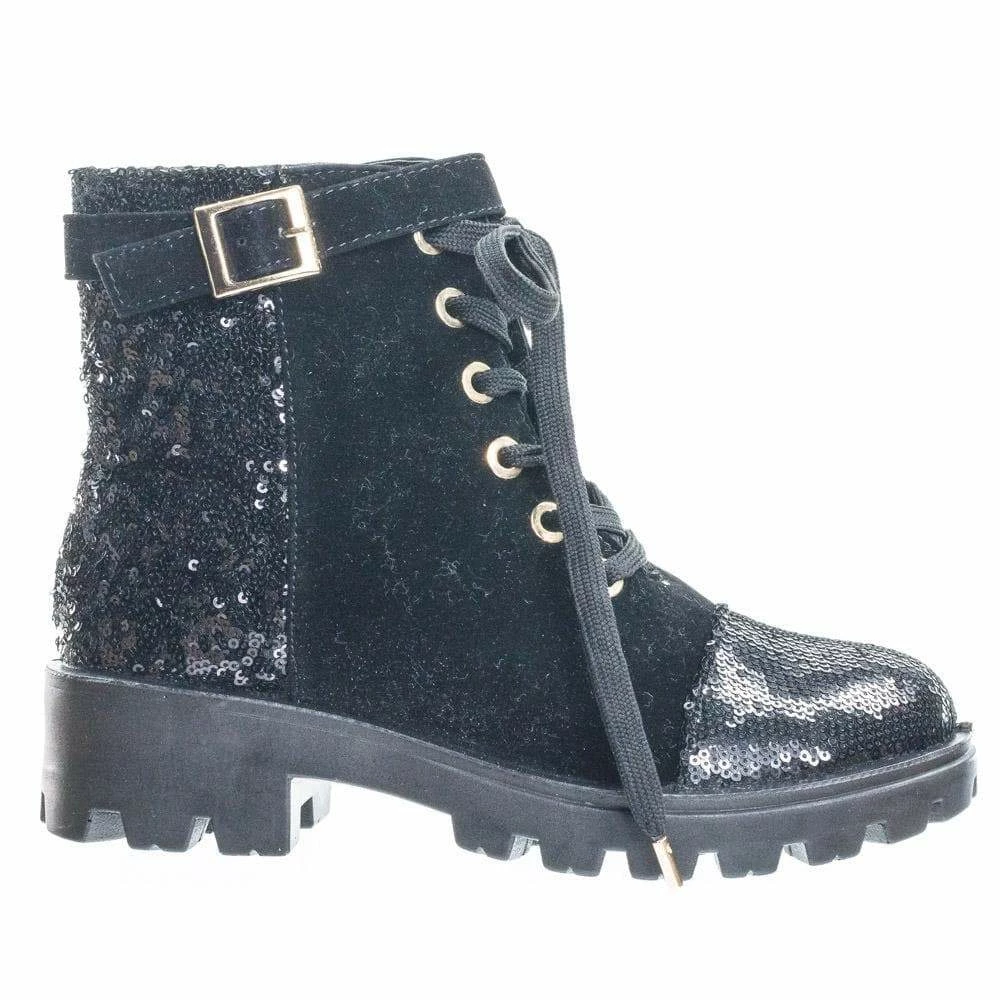 Aquapillar Tread12 Lace Up Combat Boots W Sequins & Faux Fur Lining In GoldLace Or Velvet