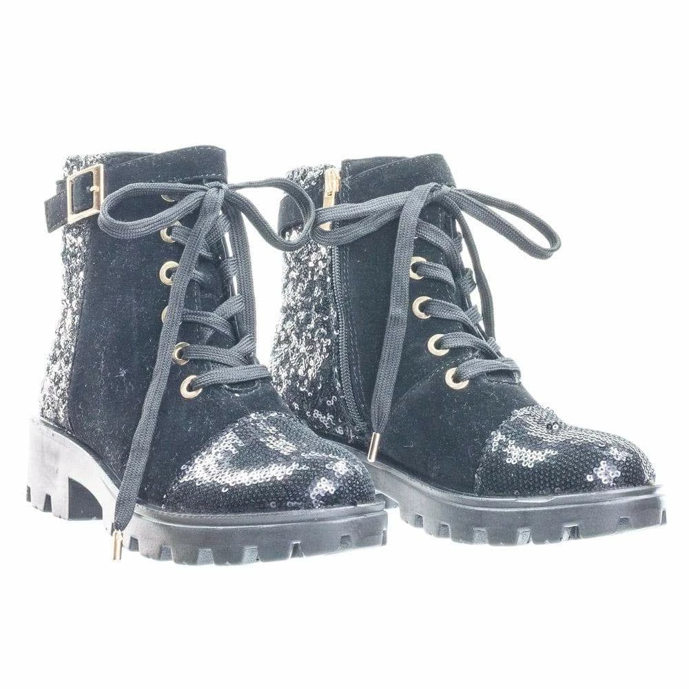 Aquapillar Tread12 Lace Up Combat Boots W Sequins & Faux Fur Lining In GoldLace Or Velvet