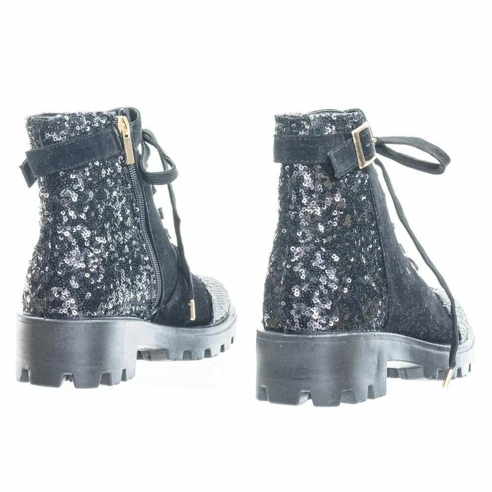 Aquapillar Tread12 Lace Up Combat Boots W Sequins & Faux Fur Lining In GoldLace Or Velvet