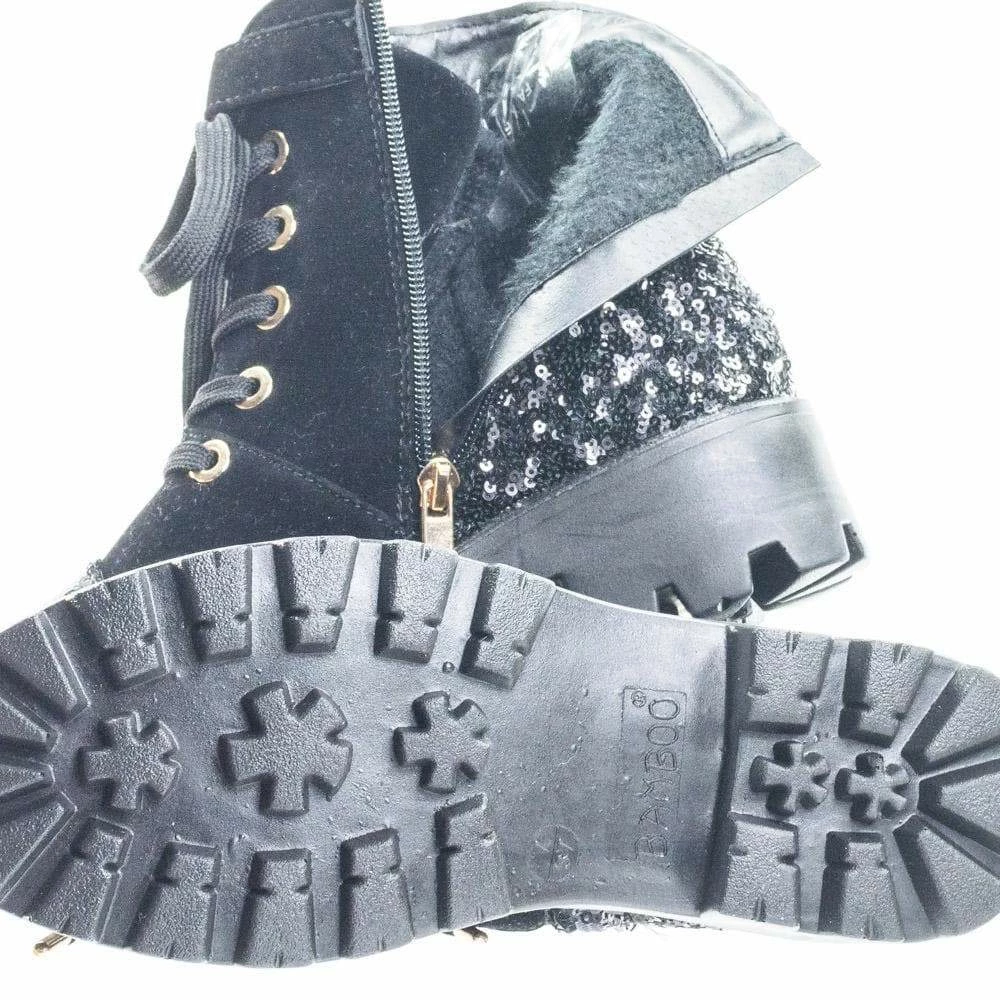 Aquapillar Tread12 Lace Up Combat Boots W Sequins & Faux Fur Lining In GoldLace Or Velvet