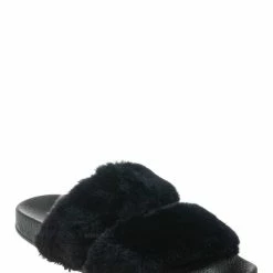 Bamboo Liv04 Faux Fur Footbed Slides - Cozy Double Strap Furry Contour Slide In Sandals