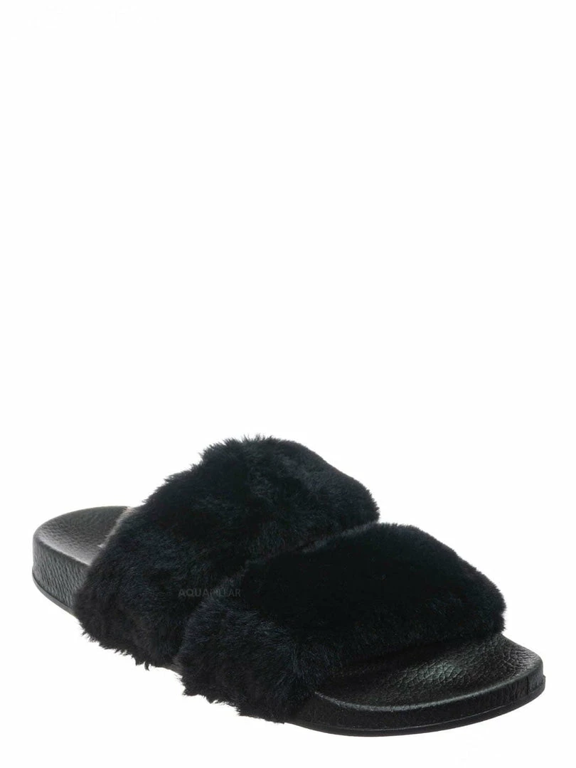 Bamboo Liv04 Faux Fur Footbed Slides - Cozy Double Strap Furry Contour Slide In Sandals