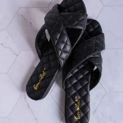 La Shailah New Baily2 Puffy Quilted Flat Slipper Sandal - Cross Strap Open Toe Slide In Shoes