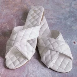 La Shailah New Baily2 Puffy Quilted Flat Slipper Sandal - Cross Strap Open Toe Slide In Shoes