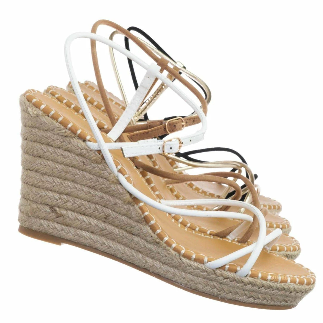 Bamboo New Announce03 Thin Strap Espadrille Wedge -Women Woven Platform Barely There Sandal
