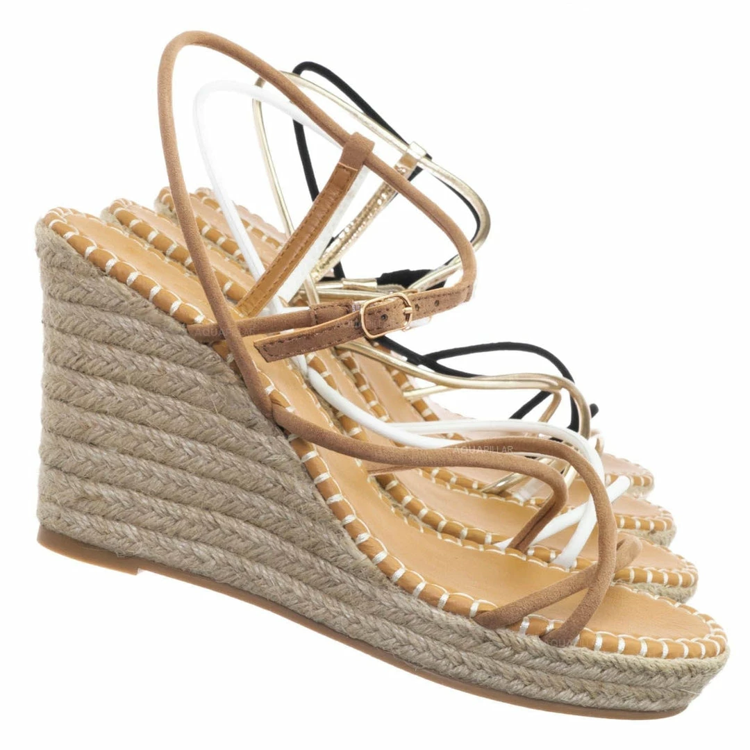 Bamboo New Announce03 Thin Strap Espadrille Wedge -Women Woven Platform Barely There Sandal