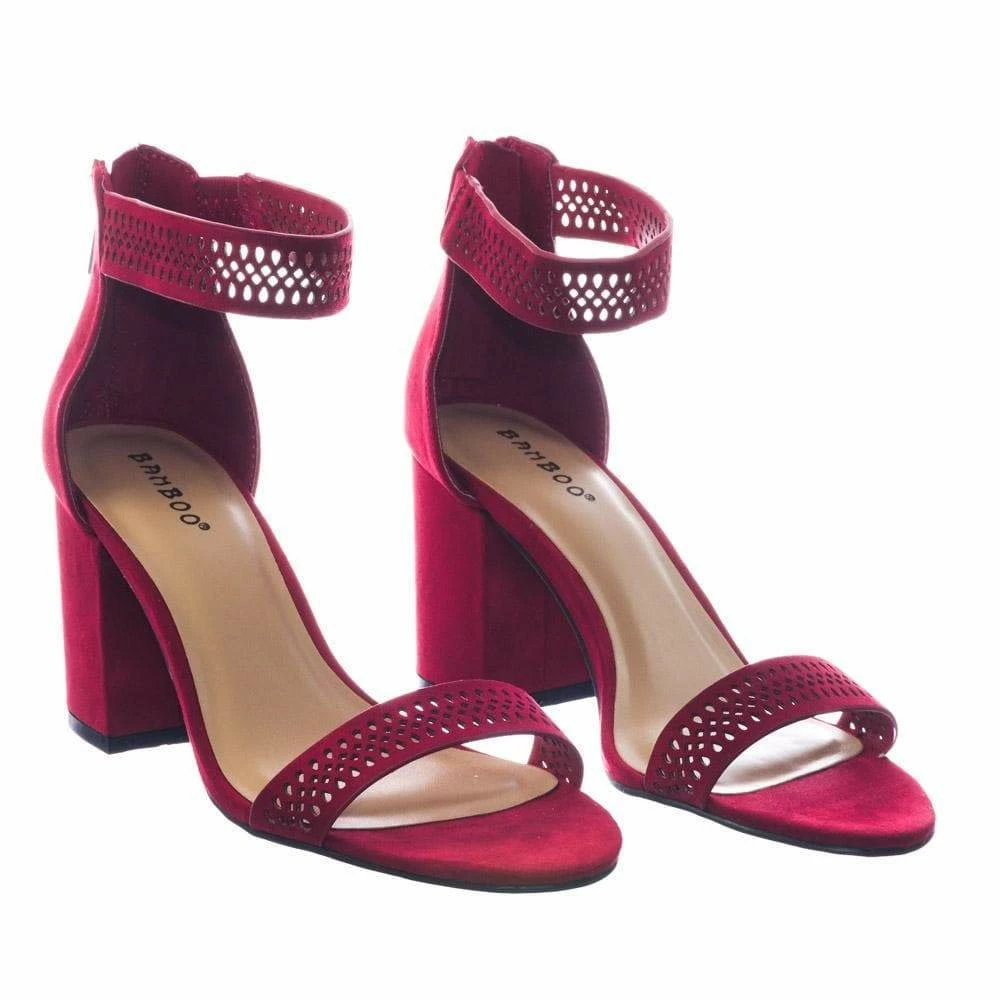 Appetite49 By Bamboo Retro Medium Chunky Block Heel Ankle Strap Sandal W Perforated Holes New