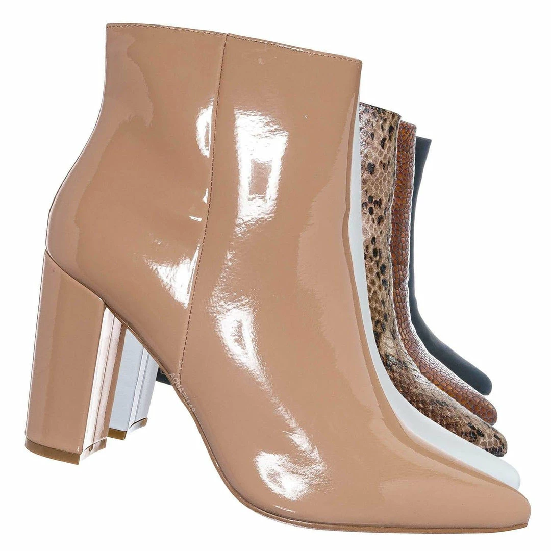 Bamboo New Bellflower09 Pointed Toe Block Heel Bootie - Women Croc & Suede Ankle Pump Boot