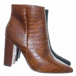Bamboo New Bellflower09 Pointed Toe Block Heel Bootie - Women Croc & Suede Ankle Pump Boot