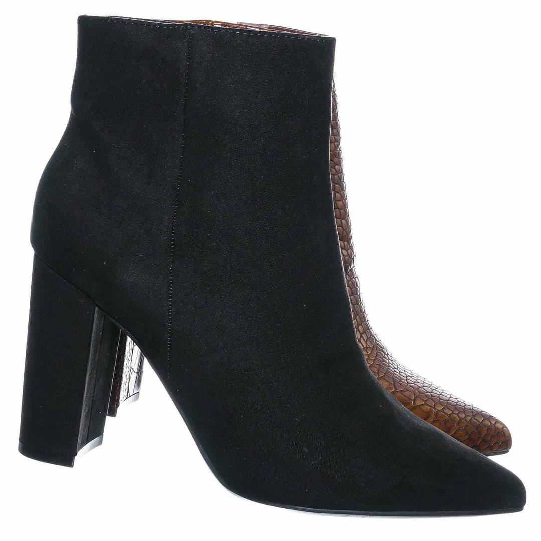 Bamboo New Bellflower09 Pointed Toe Block Heel Bootie - Women Croc & Suede Ankle Pump Boot
