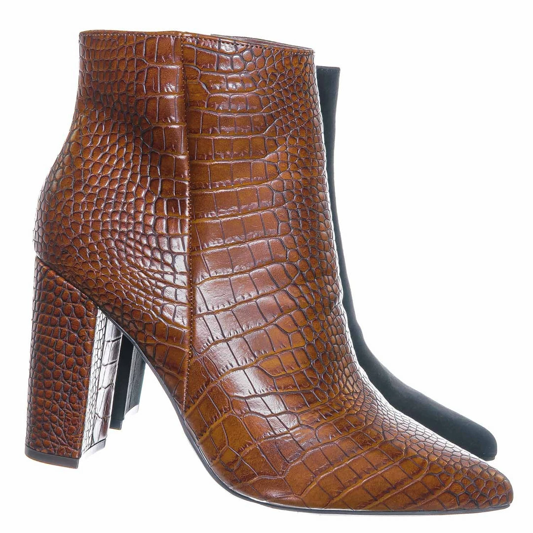 Bamboo New Bellflower09 Pointed Toe Block Heel Bootie - Women Croc & Suede Ankle Pump Boot