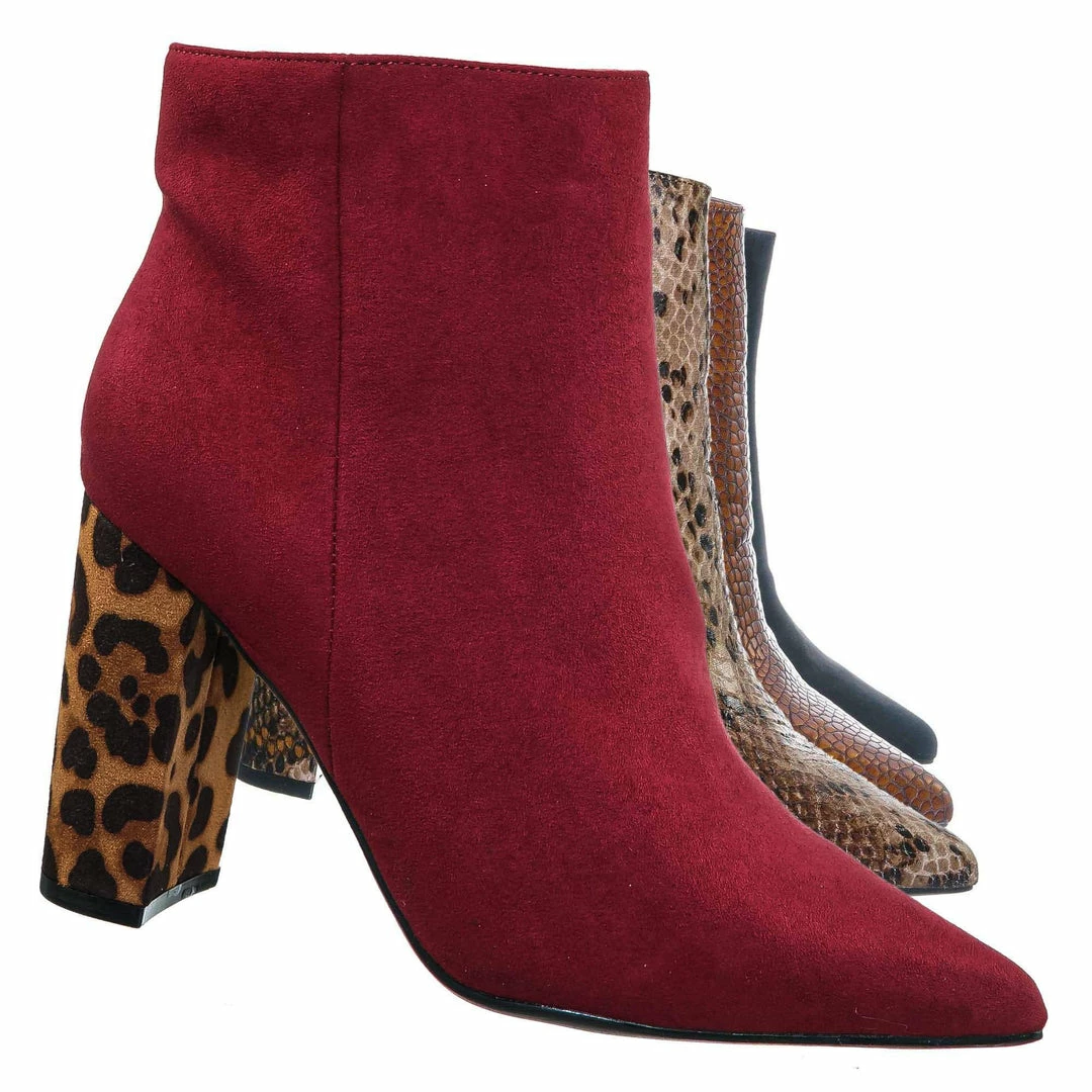 Bamboo New Bellflower09 Pointed Toe Block Heel Bootie - Women Croc & Suede Ankle Pump Boot