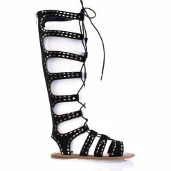 Bliss50M By Bamboo Knee High Gladiator Flats W Ghillie Lace Up & Metal Stud Detail New